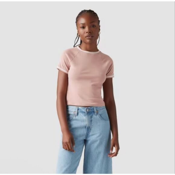 Levi’s Pink and White Brand Club Cropped T-shirt Size Medium New - Picture 1 of 5
